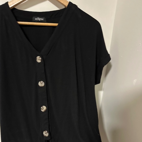 Eclipse Short Sleeve V Neck Tee with Tie Front Button Up Detail Medium Black - Picture 2 of 9